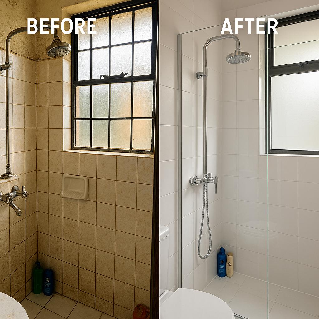 Before and after of shower enclosure restoration